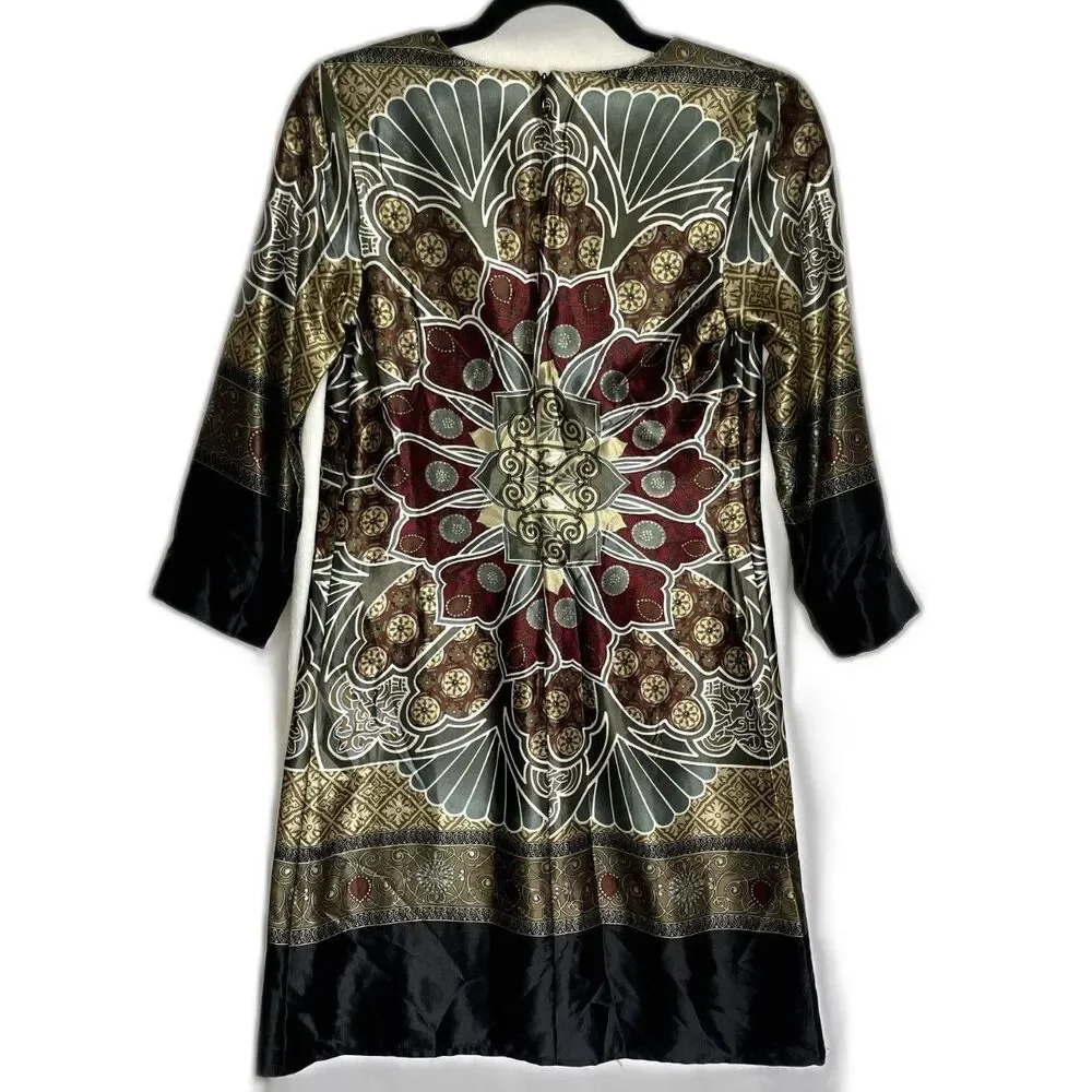 3/4 Sleeve Silk Print Shift Dress Multicolor Size S - Picture 3 of 4